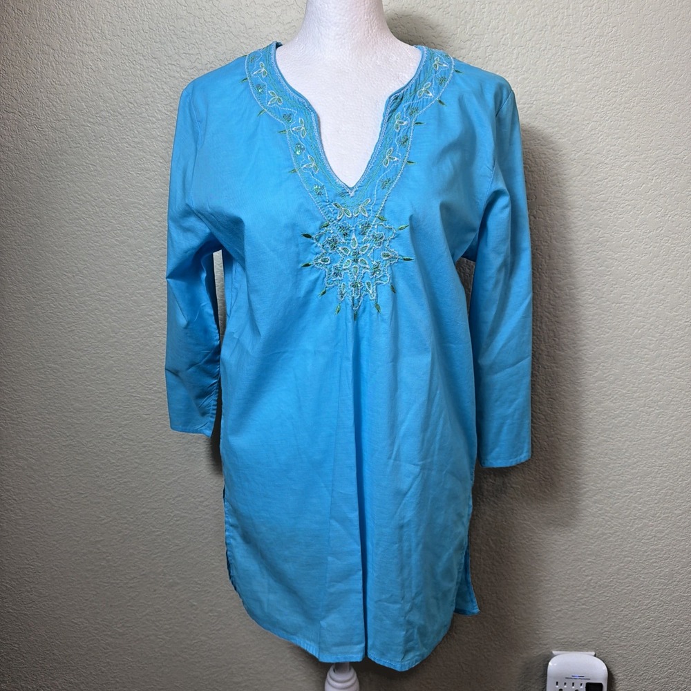 Contact NY Blue Cotton Tunic Top S Womens Embroidered Boho Resort Beach Blouse